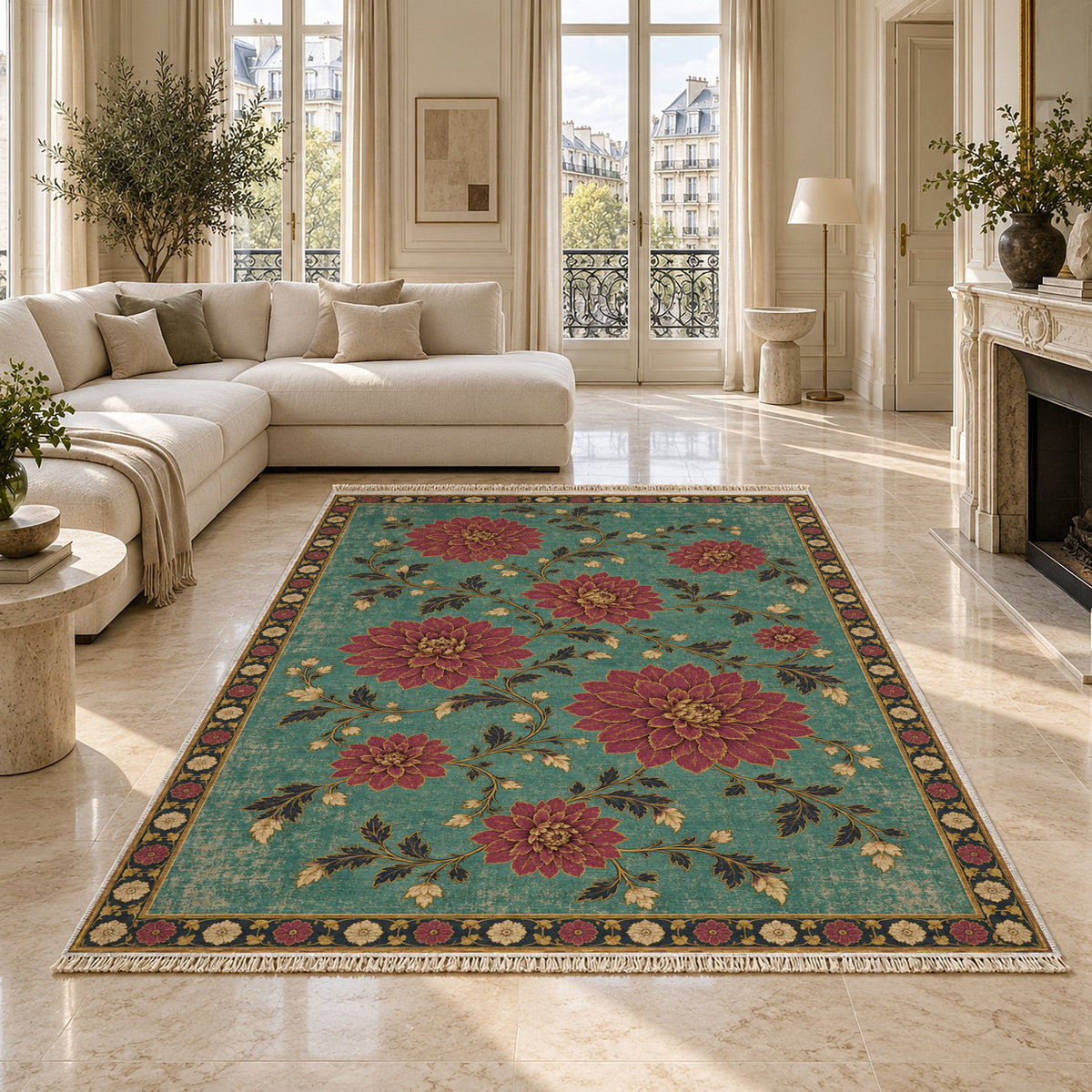 Dahlia Constellation Lagoon & Berry washable rug on a marble floor