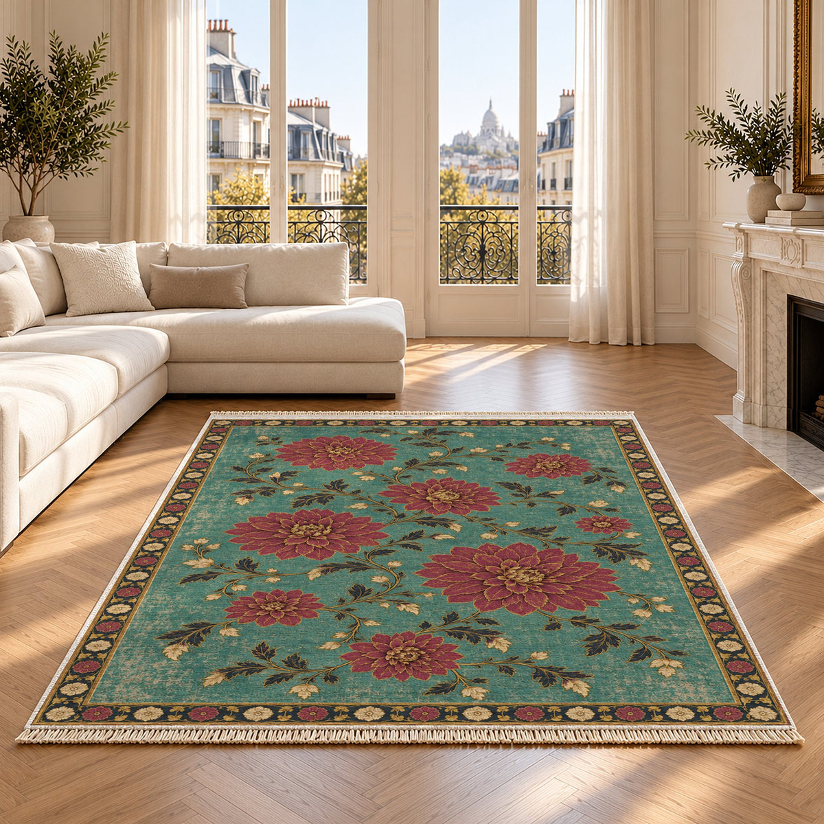 Dahlia Constellation Lagoon & Berry washable rug on an oak floor