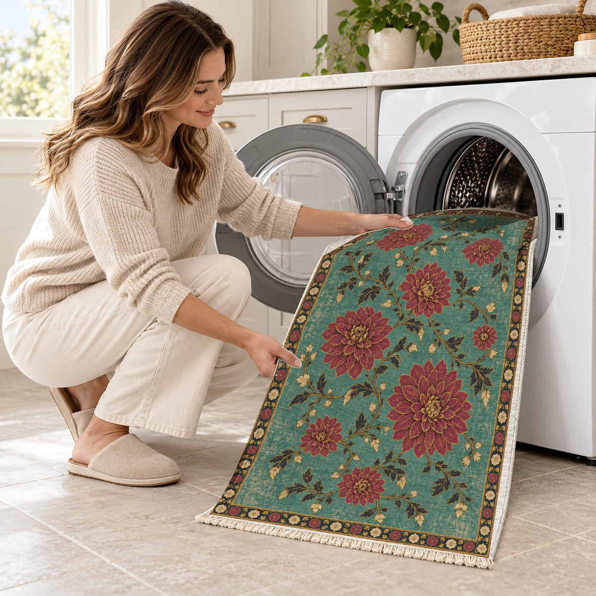 Dahlia Constellation Lagoon & Berry washable rug being loaded into a washing machine