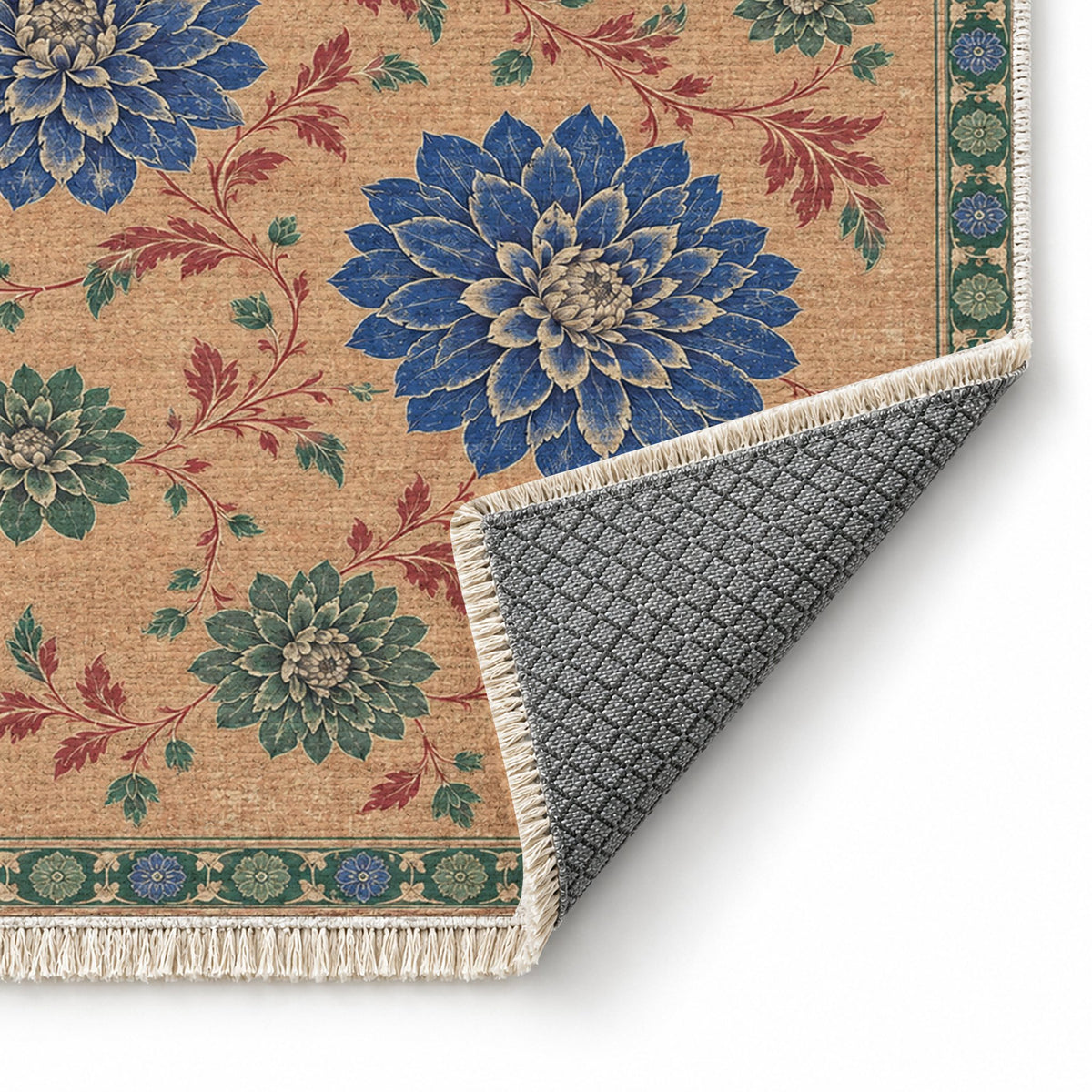Dahlia Constellation Peach, Cobalt & Jade washable rug folded corner showing the backing