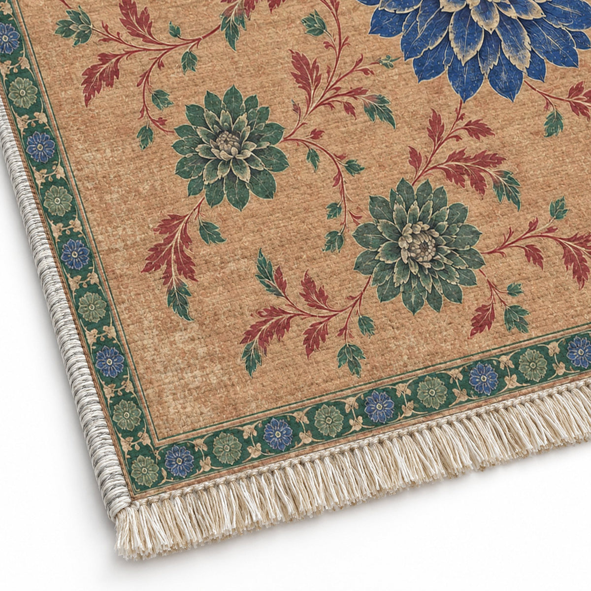 Dahlia Constellation Peach, Cobalt & Jade washable rug close-up of the printed chenille