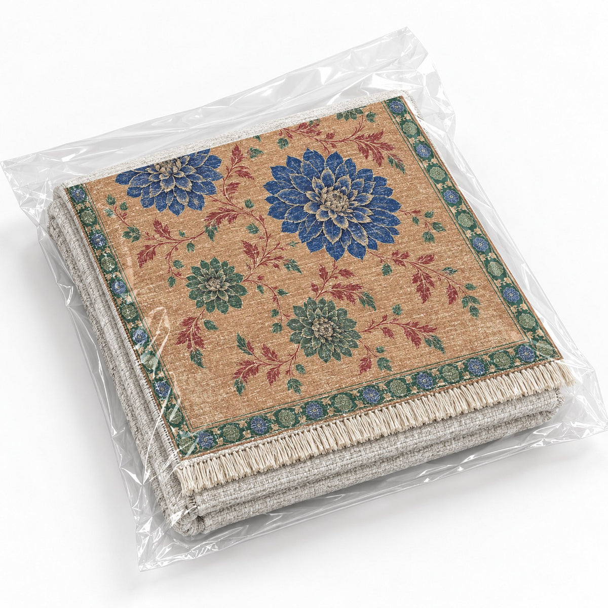Dahlia Constellation Peach, Cobalt & Jade washable rug rolled and packaged