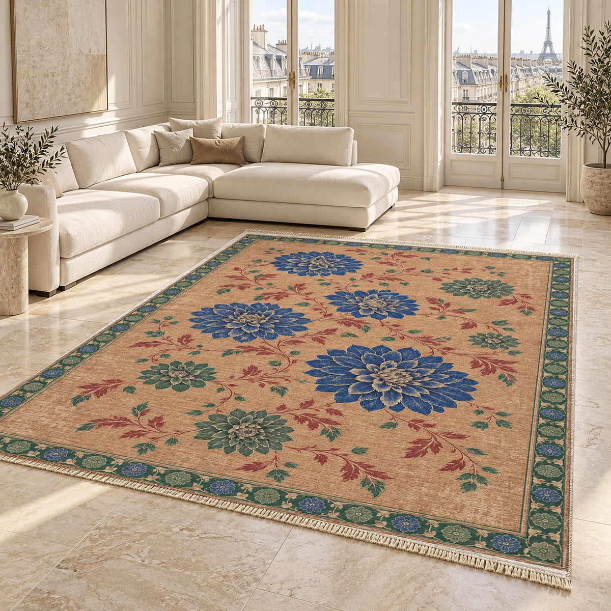 Dahlia Constellation Peach, Cobalt & Jade washable rug angled room view on marble