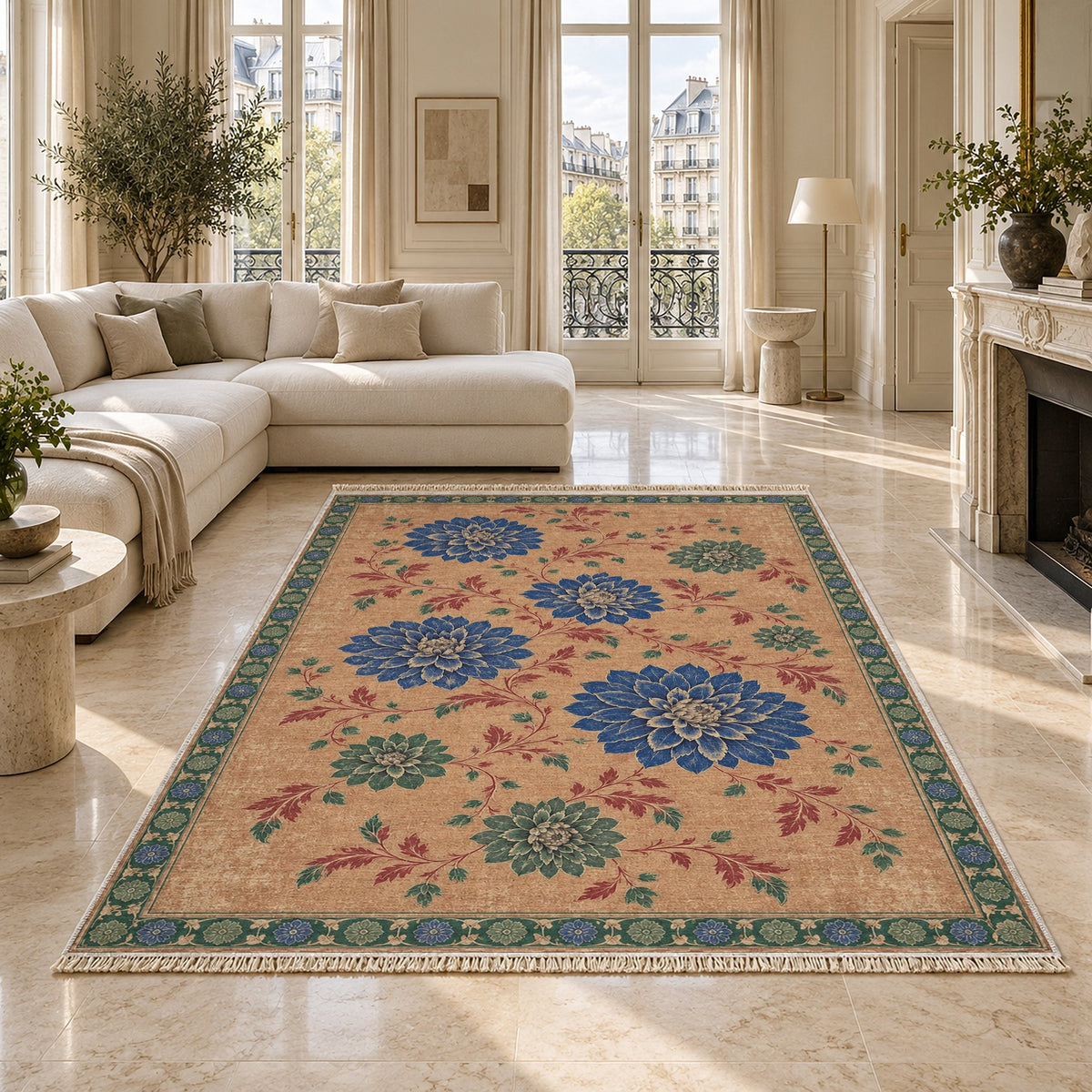 Dahlia Constellation Peach, Cobalt & Jade washable rug on a marble floor