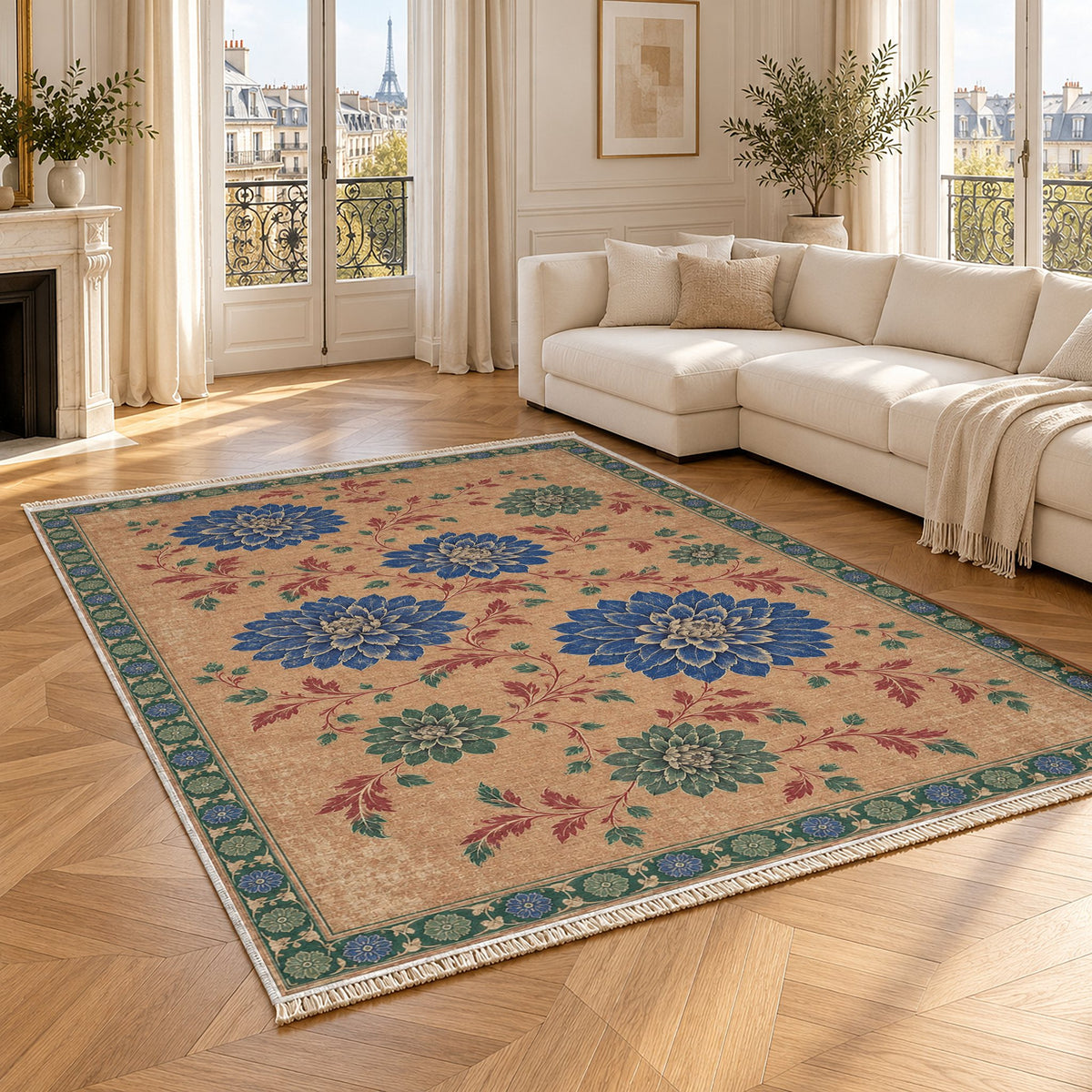 Dahlia Constellation Peach, Cobalt & Jade washable rug angled room view
