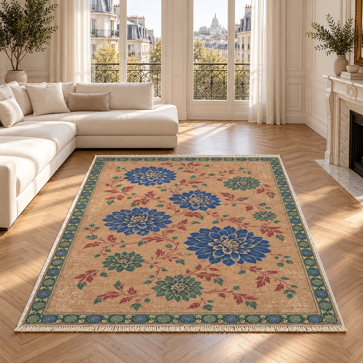 Dahlia Constellation Peach, Cobalt & Jade washable rug in a Paris living room