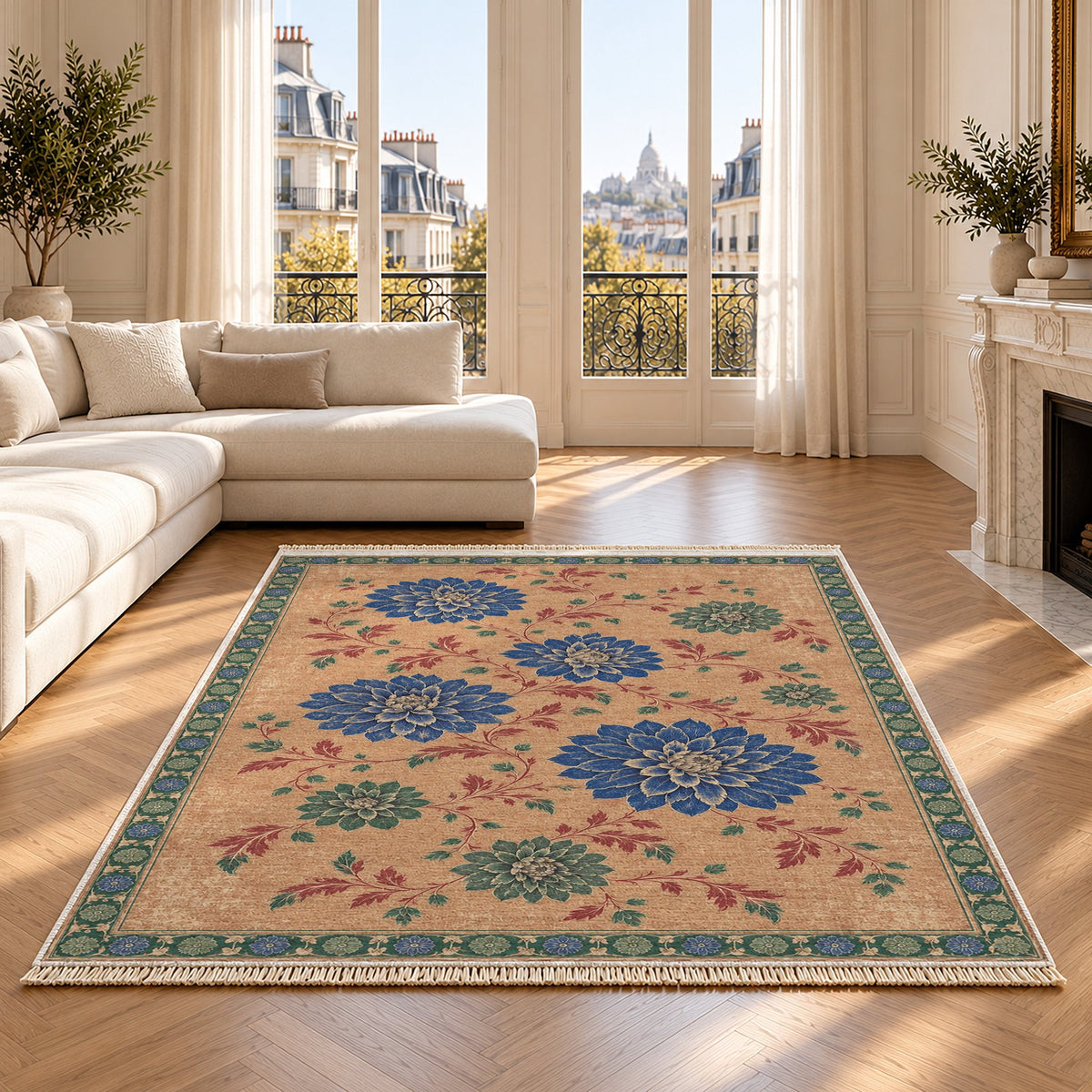 Dahlia Constellation Peach, Cobalt & Jade washable rug on an oak floor