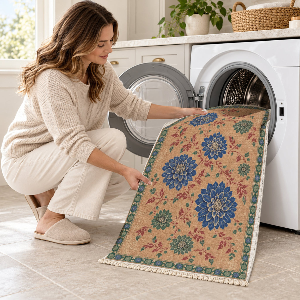 Dahlia Constellation Peach, Cobalt & Jade washable rug being loaded into a washing machine