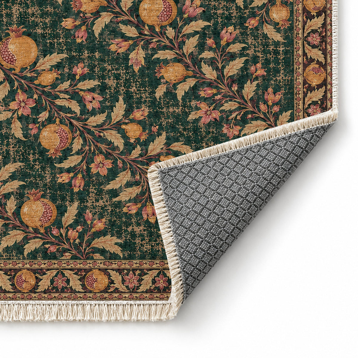 Diagonal Pomegranate Canopy Forest & Marigold washable rug folded corner showing the backing