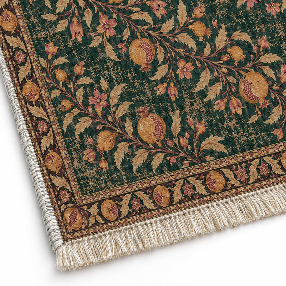 Diagonal Pomegranate Canopy Forest & Marigold washable rug close-up of the printed chenille