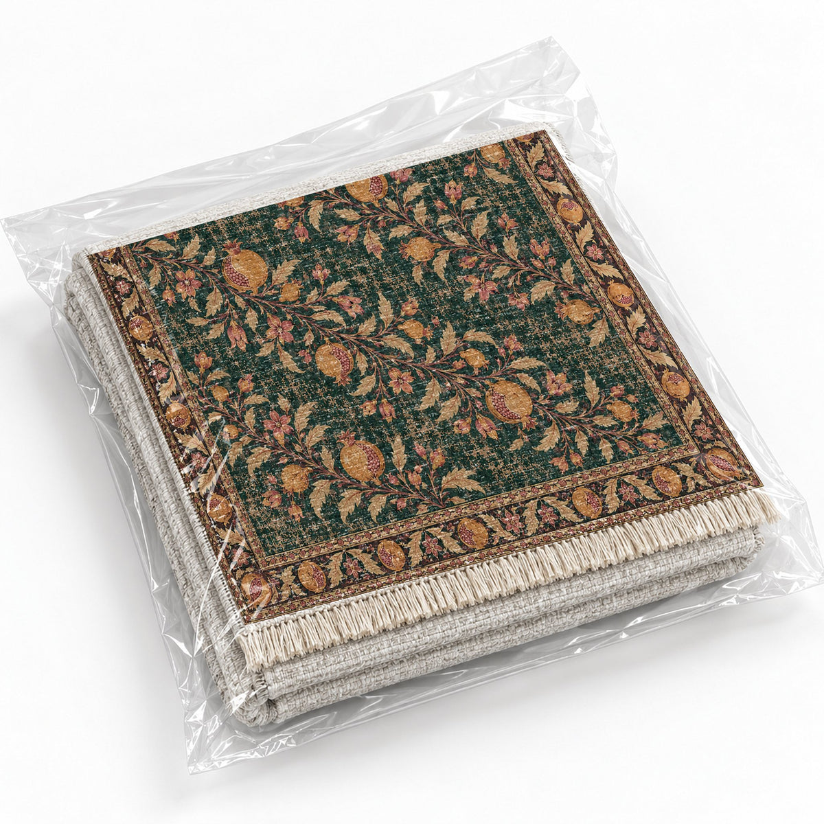 Diagonal Pomegranate Canopy Forest & Marigold washable rug rolled and packaged