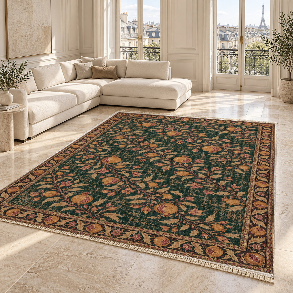 Diagonal Pomegranate Canopy Forest & Marigold washable rug angled room view on marble