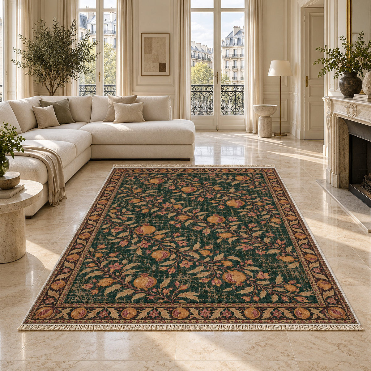 Diagonal Pomegranate Canopy Forest & Marigold washable rug on a marble floor