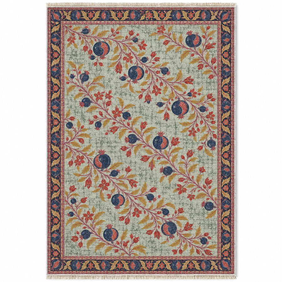 Diagonal Pomegranate Canopy Glacier, Ink & Vermilion Distressed Washable Rug