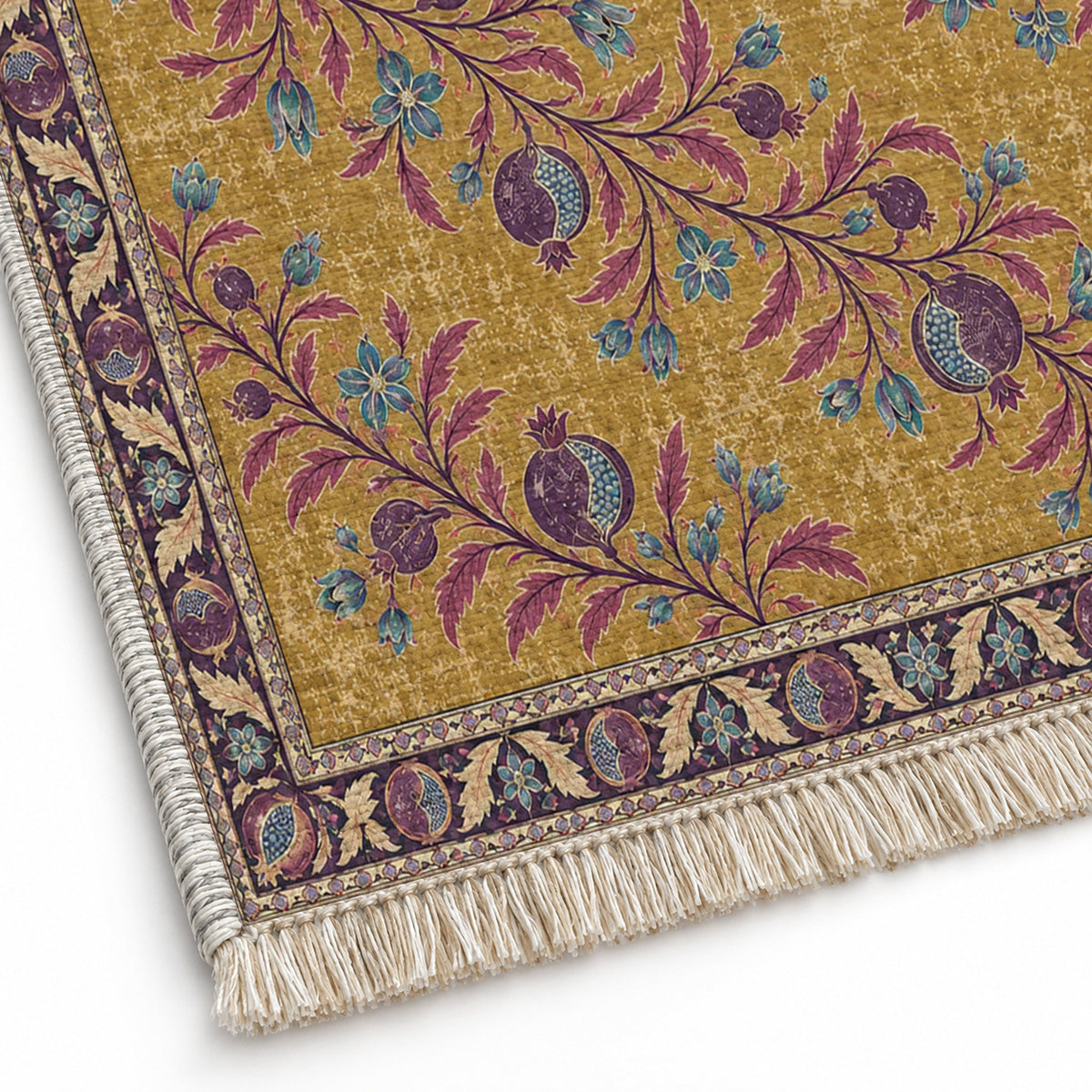 Diagonal Pomegranate Canopy Golden, Plum & Azure washable rug close-up of the printed chenille