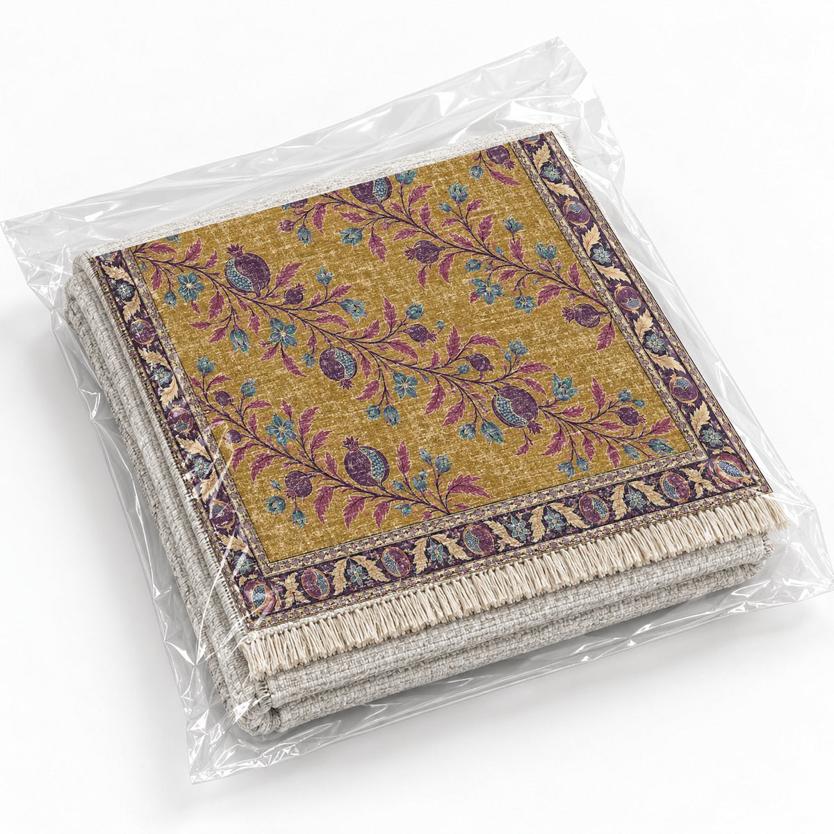 Diagonal Pomegranate Canopy Golden, Plum & Azure washable rug rolled and packaged