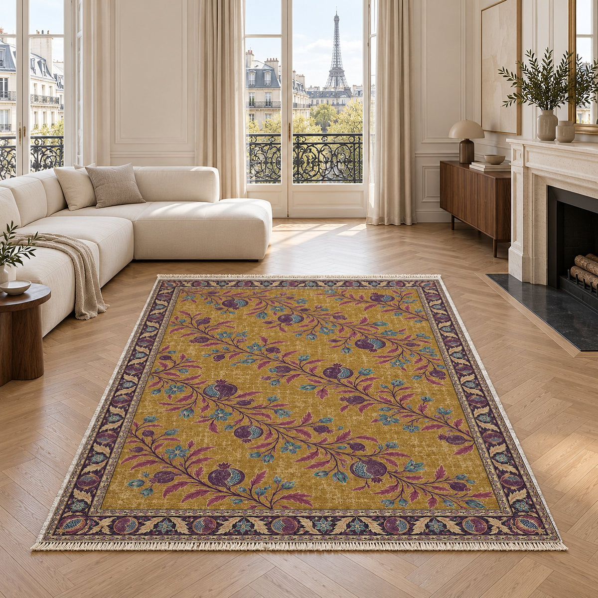 Diagonal Pomegranate Canopy Golden, Plum & Azure washable rug in a living room with an Eiffel Tower view