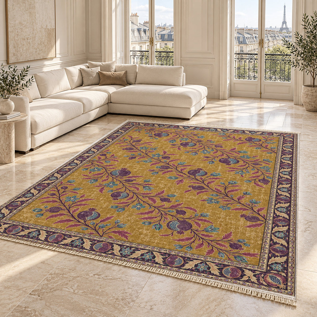 Diagonal Pomegranate Canopy Golden, Plum & Azure washable rug angled room view on marble