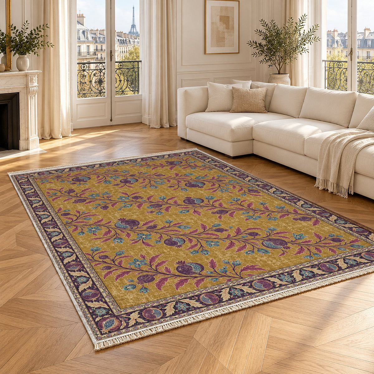 Diagonal Pomegranate Canopy Golden, Plum & Azure washable rug angled room view
