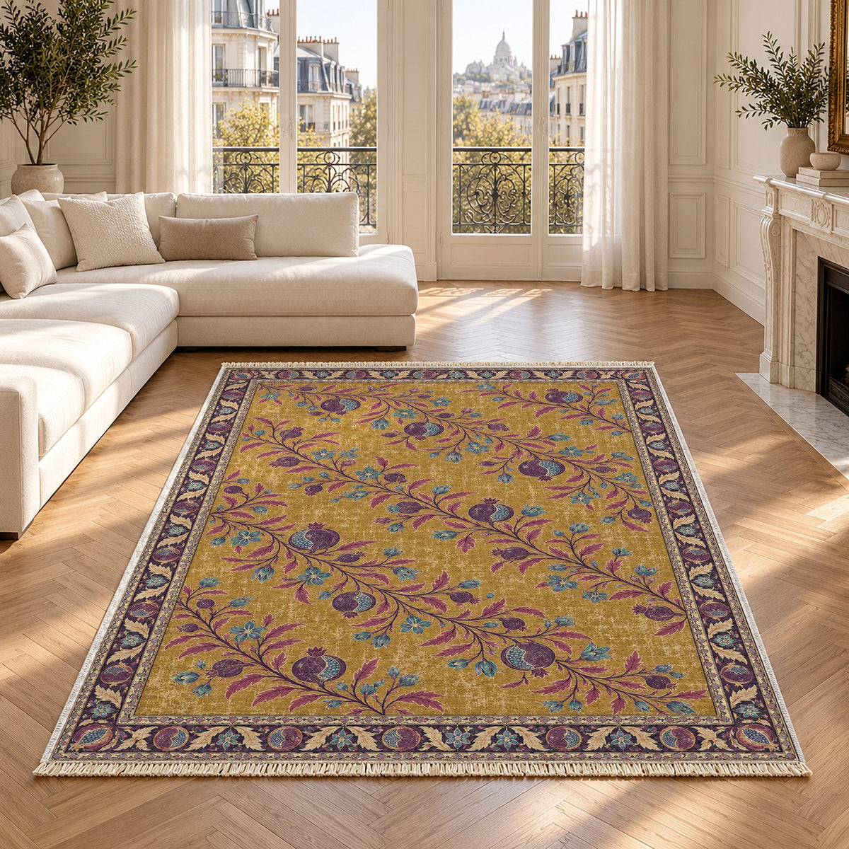 Diagonal Pomegranate Canopy Golden, Plum & Azure washable rug in a Paris living room