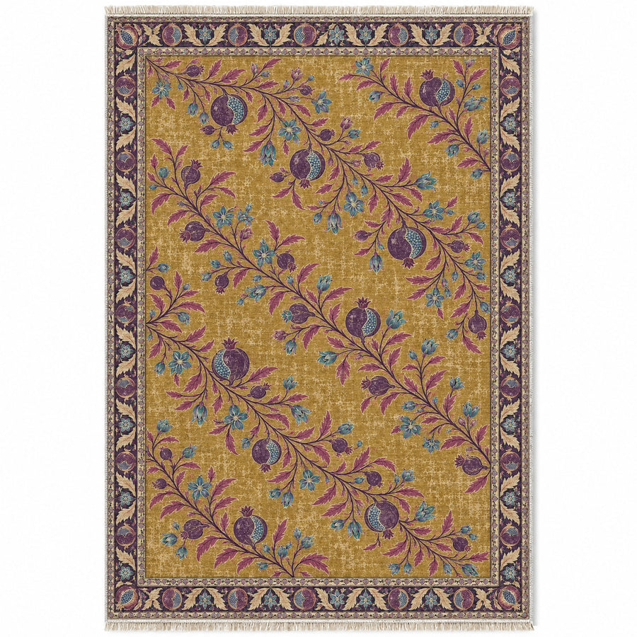 Diagonal Pomegranate Canopy Golden, Plum & Azure Distressed Washable Rug