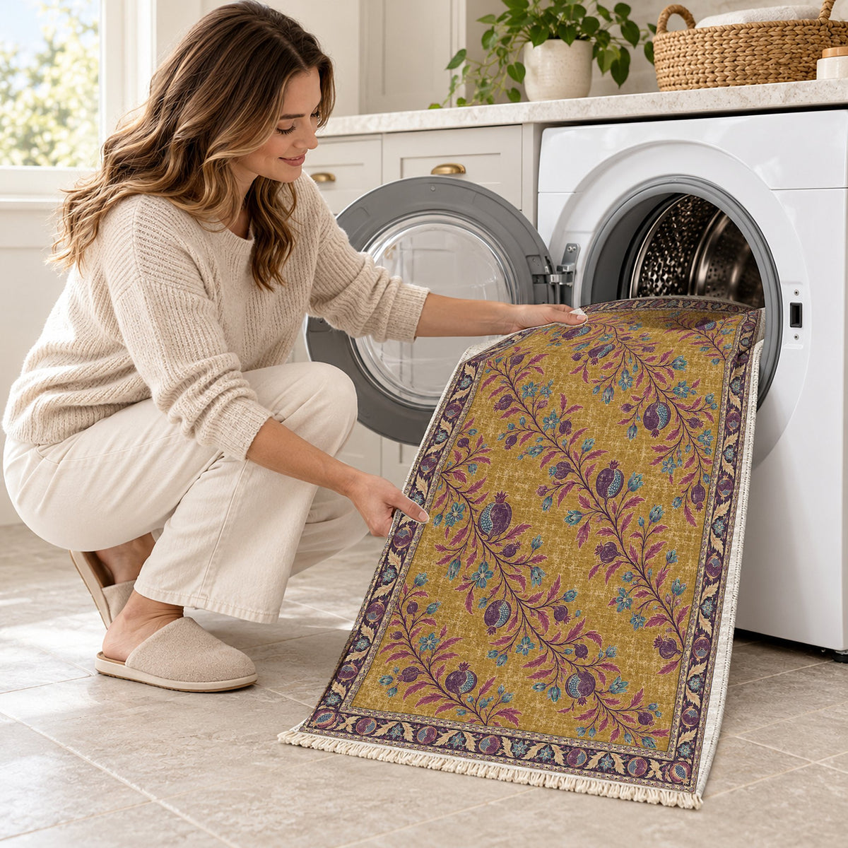 Diagonal Pomegranate Canopy Golden, Plum & Azure washable rug being loaded into a washing machine