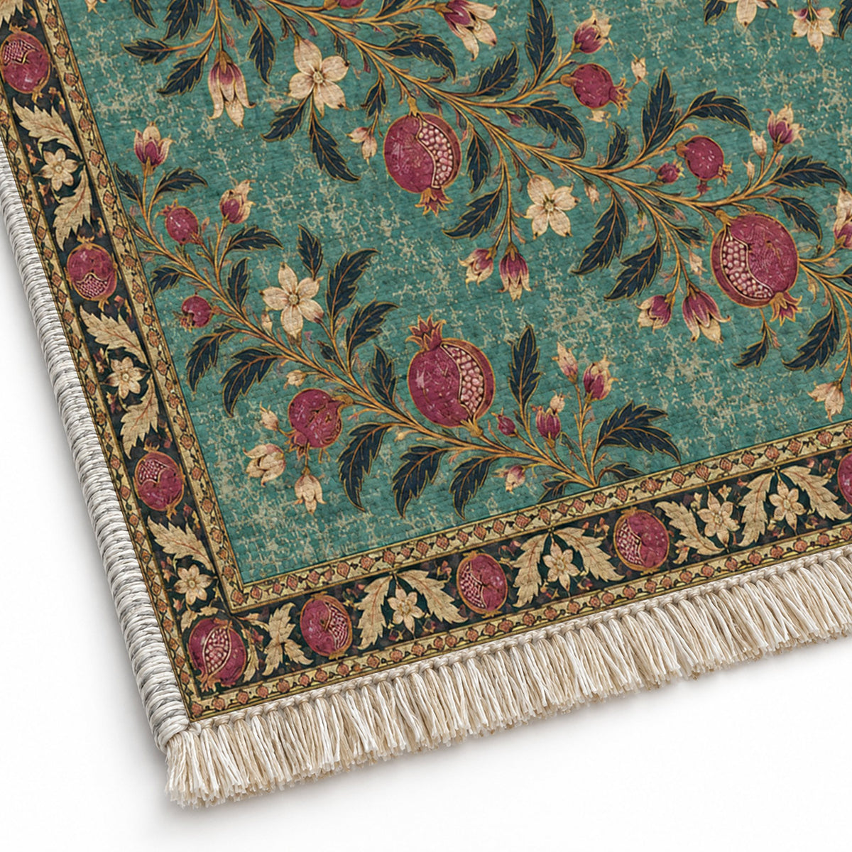 Diagonal Pomegranate Canopy Lagoon & Berry washable rug close-up of the printed chenille