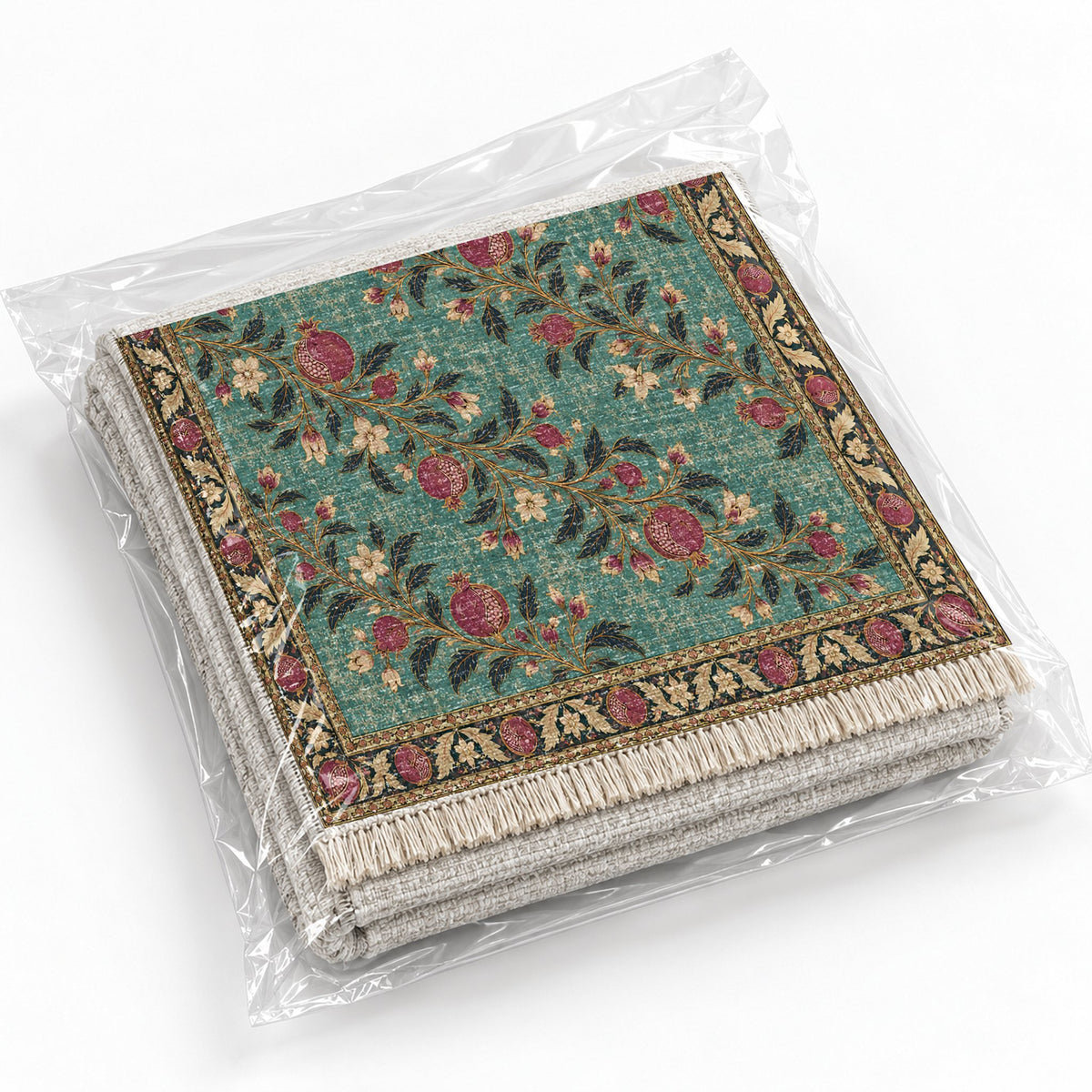 Diagonal Pomegranate Canopy Lagoon & Berry washable rug rolled and packaged