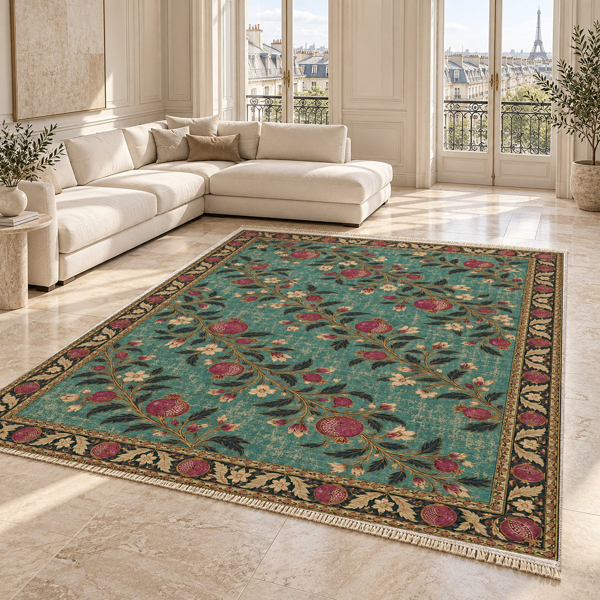 Diagonal Pomegranate Canopy Lagoon & Berry washable rug angled room view on marble