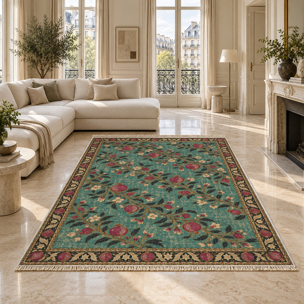 Diagonal Pomegranate Canopy Lagoon & Berry washable rug on a marble floor