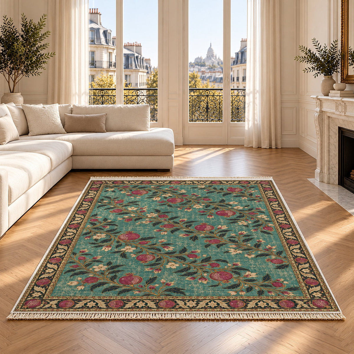 Diagonal Pomegranate Canopy Lagoon & Berry washable rug on an oak floor