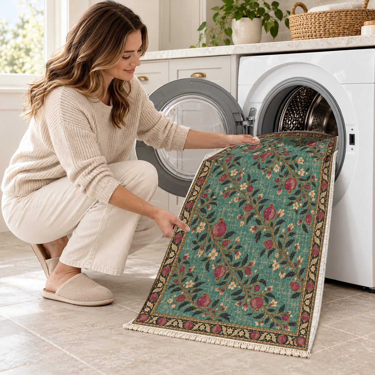 Diagonal Pomegranate Canopy Lagoon & Berry washable rug being loaded into a washing machine