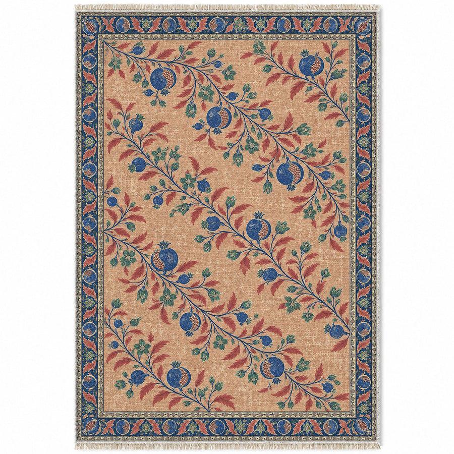 Diagonal Pomegranate Canopy Peach, Cobalt & Jade Distressed Washable Rug