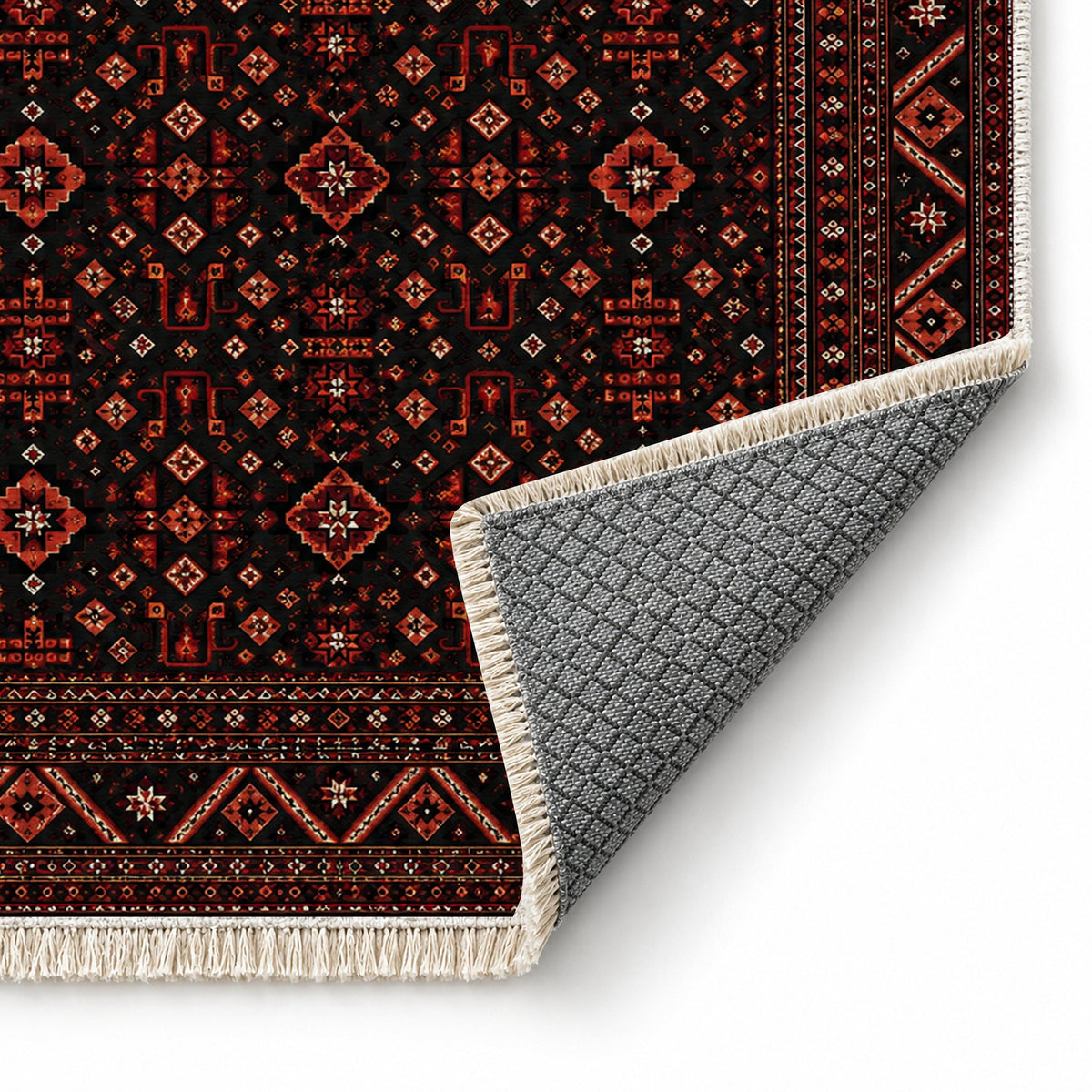 Diamond Mosaic Black washable rug folded corner showing the backing