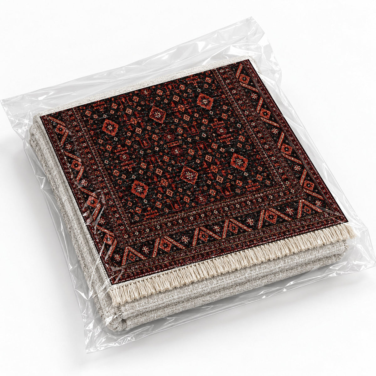 Diamond Mosaic Black washable rug rolled and packaged