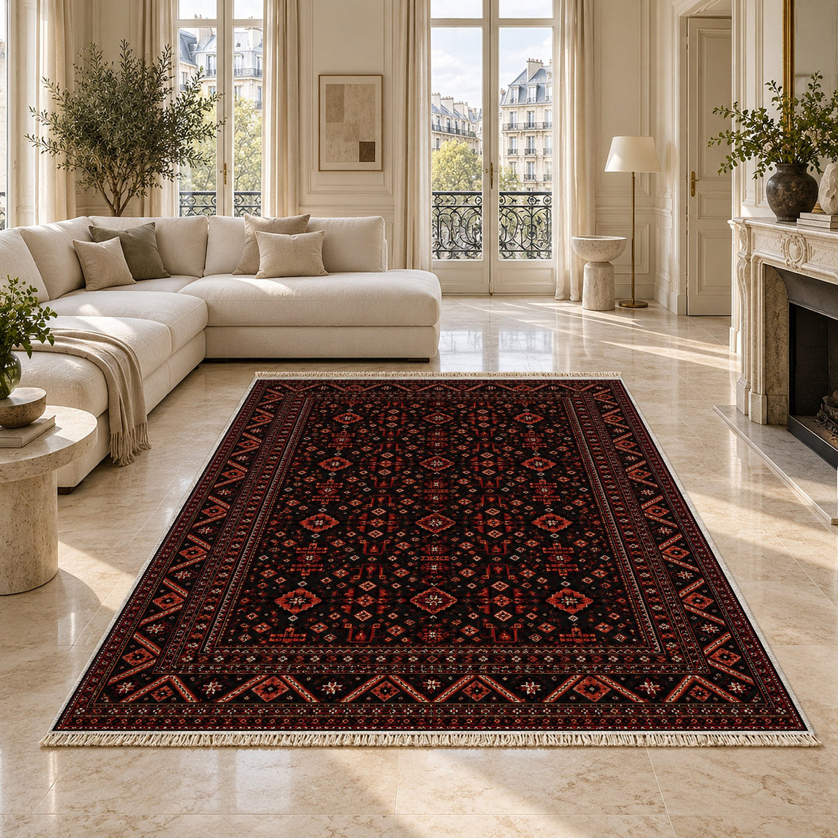 Diamond Mosaic Black washable rug on a marble floor