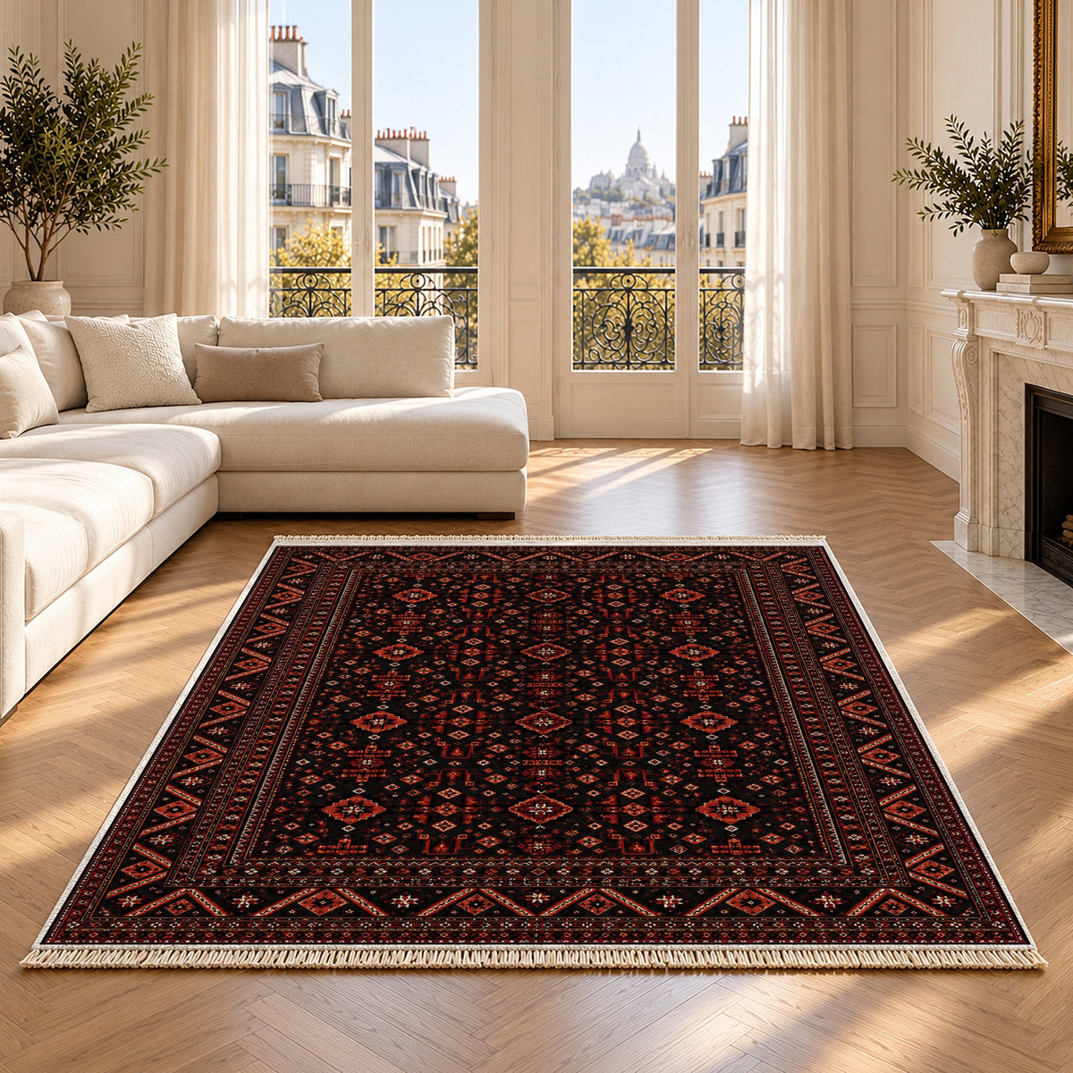 Diamond Mosaic Black washable rug on an oak floor