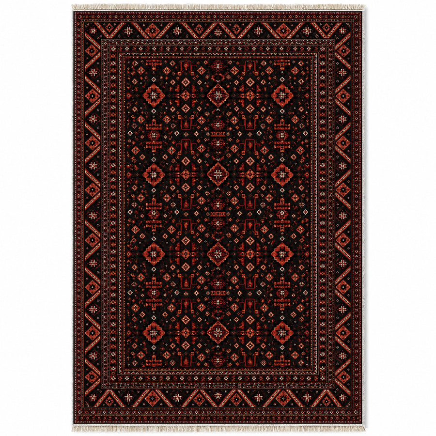Diamond Mosaic Black Afghan Washable Rug