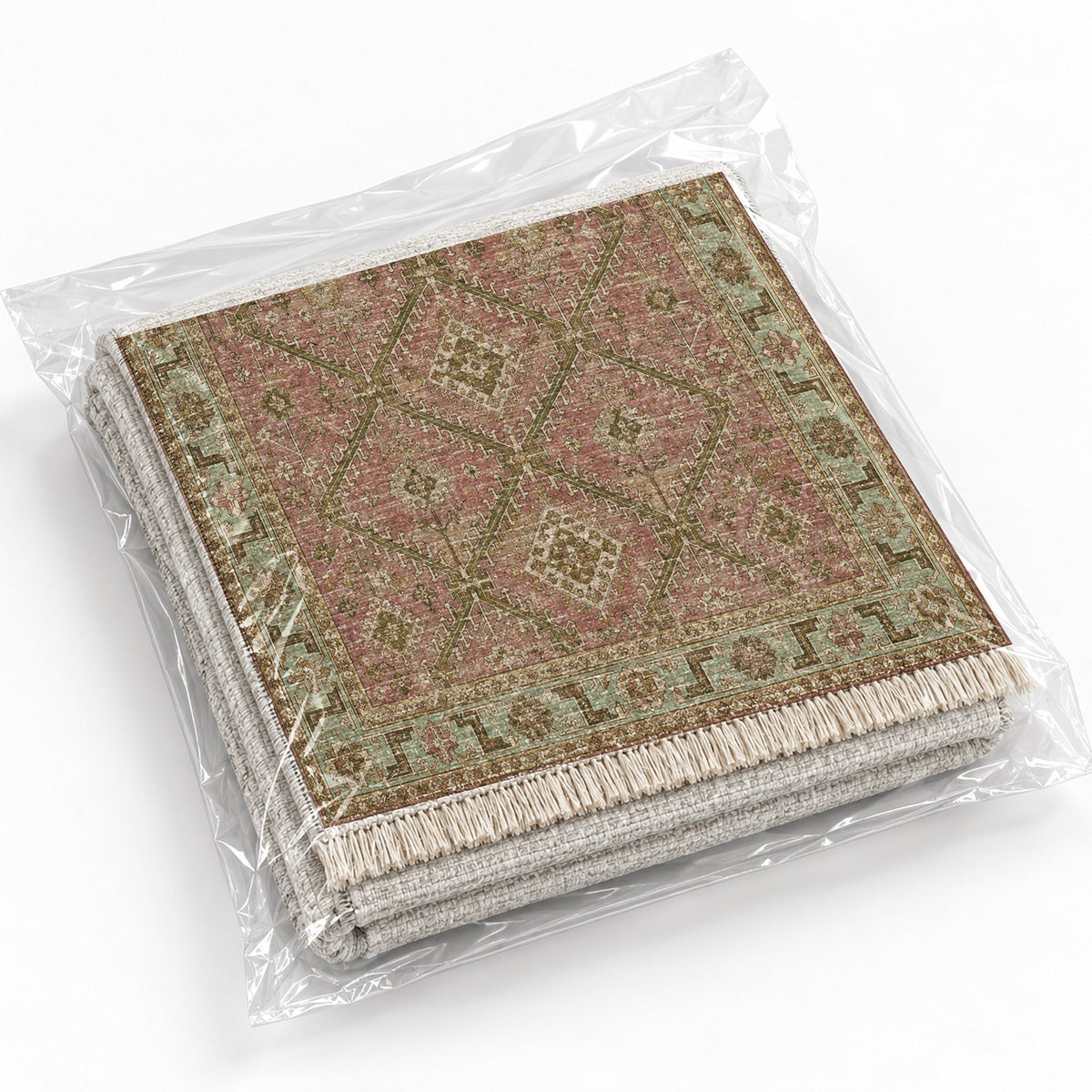Diamond Rampart Clay & Sage washable rug rolled and packaged