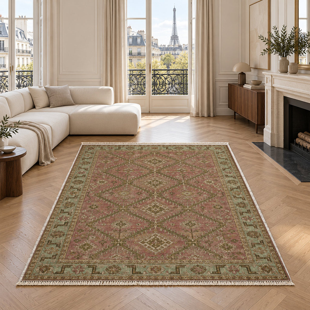 Diamond Rampart Clay & Sage washable rug in a living room with an Eiffel Tower view