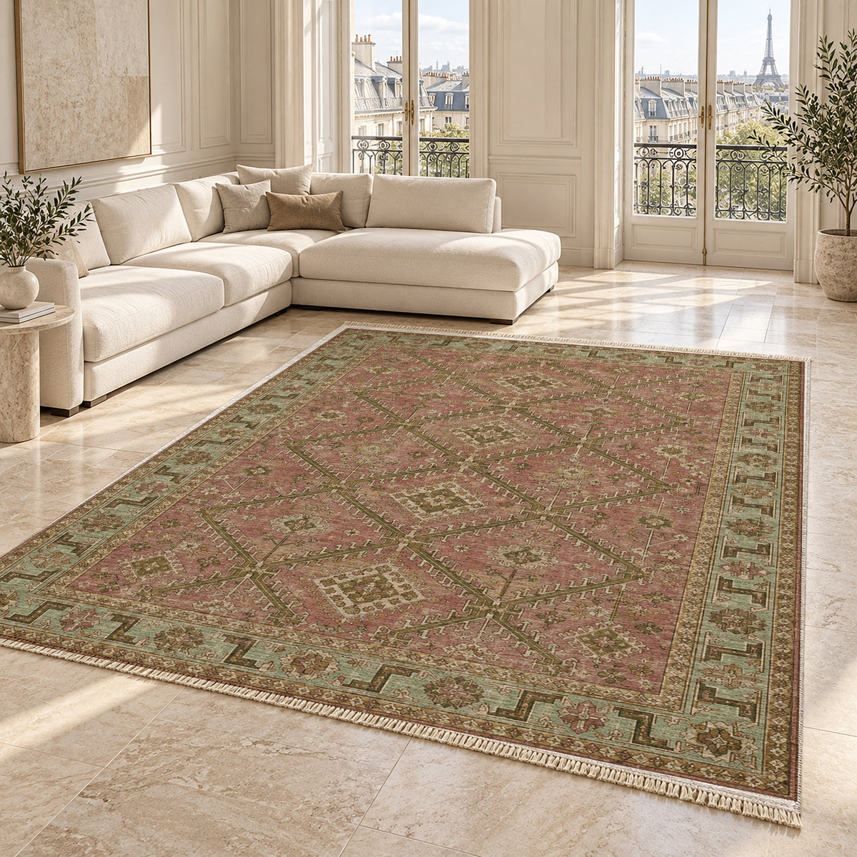 Diamond Rampart Clay & Sage washable rug angled room view on marble