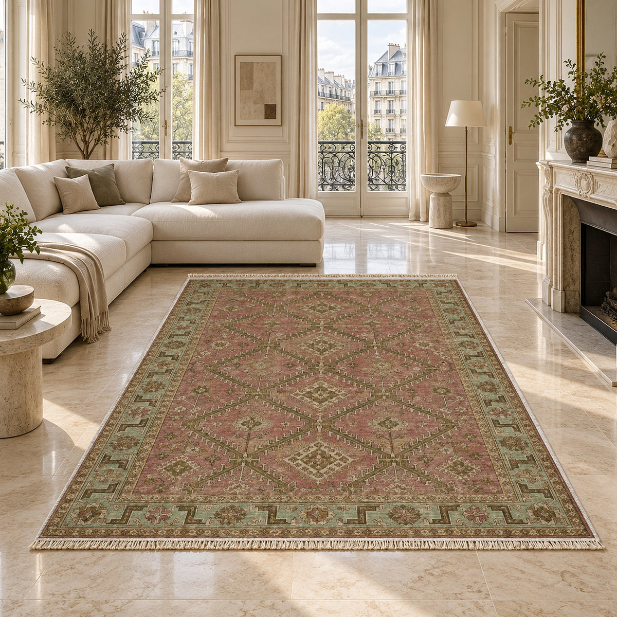 Diamond Rampart Clay & Sage washable rug on a marble floor