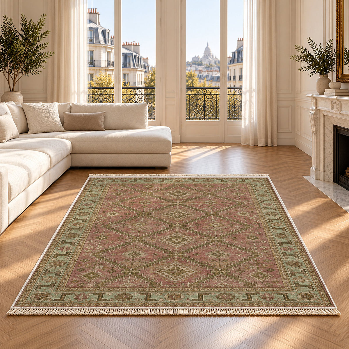 Diamond Rampart Clay & Sage washable rug on an oak floor