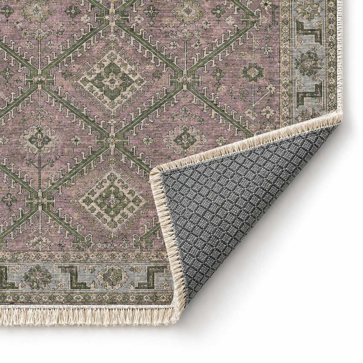 Diamond Rampart Graphite & Linen washable rug folded corner showing the backing