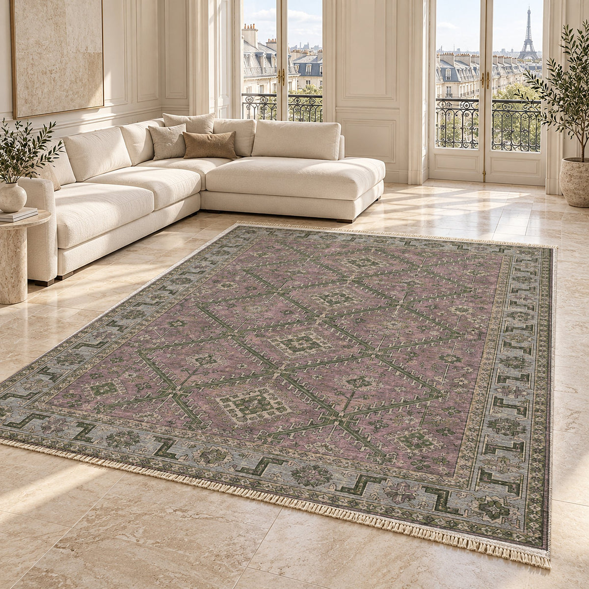 Diamond Rampart Graphite & Linen washable rug angled room view on marble