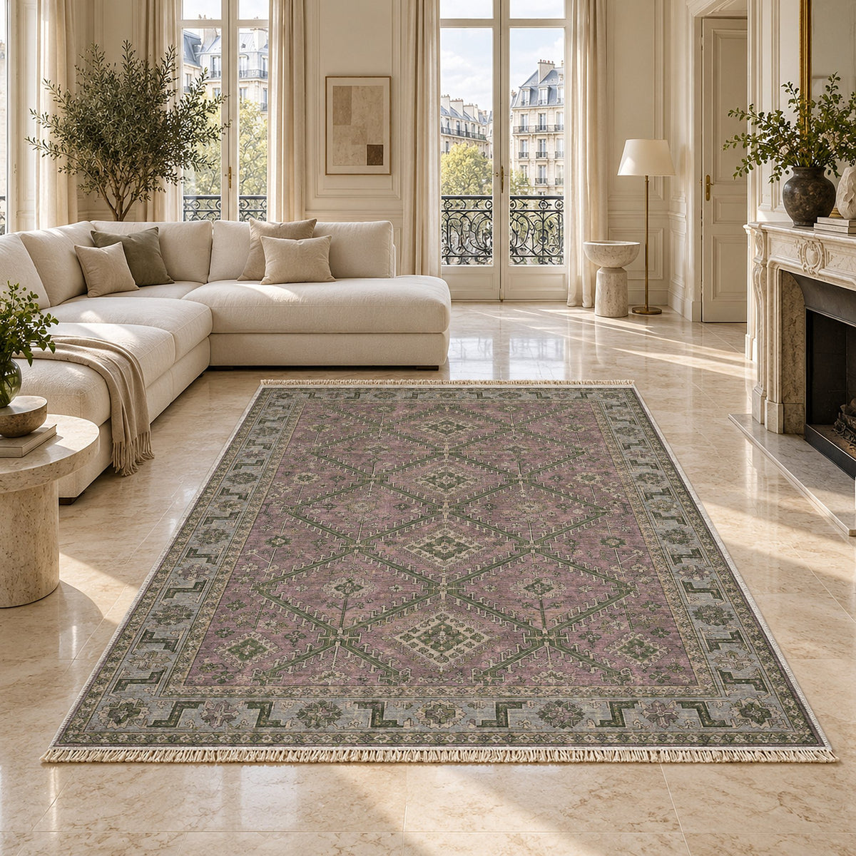 Diamond Rampart Graphite & Linen washable rug on a marble floor