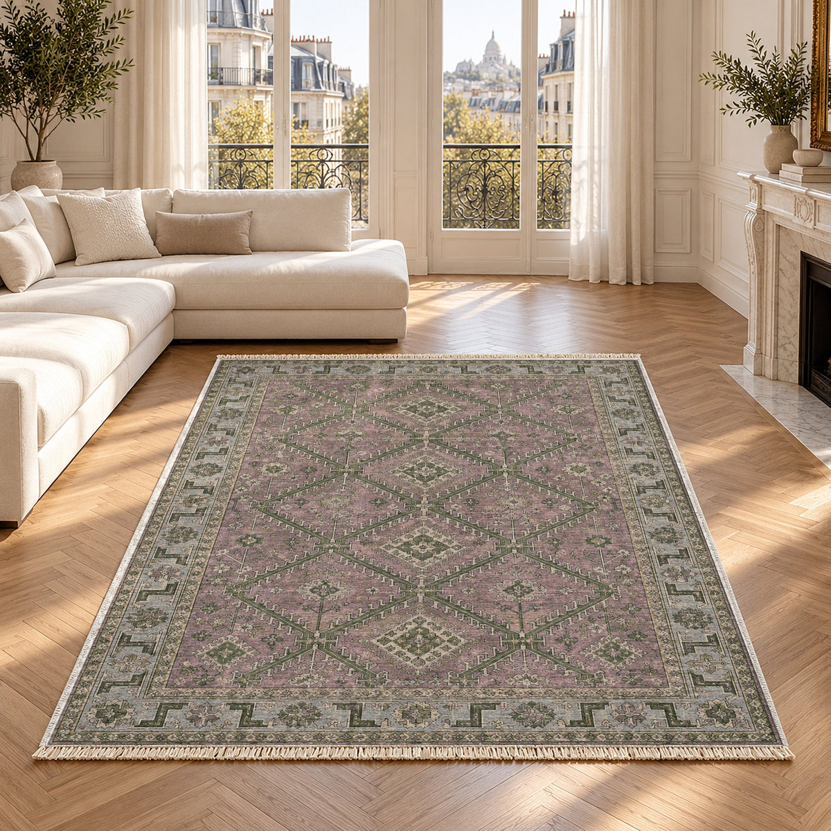 Diamond Rampart Graphite & Linen washable rug in a Paris living room