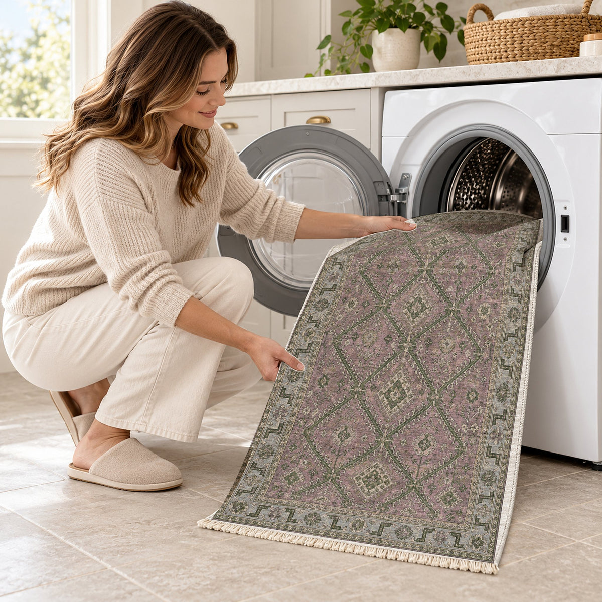 Diamond Rampart Graphite & Linen washable rug being loaded into a washing machine