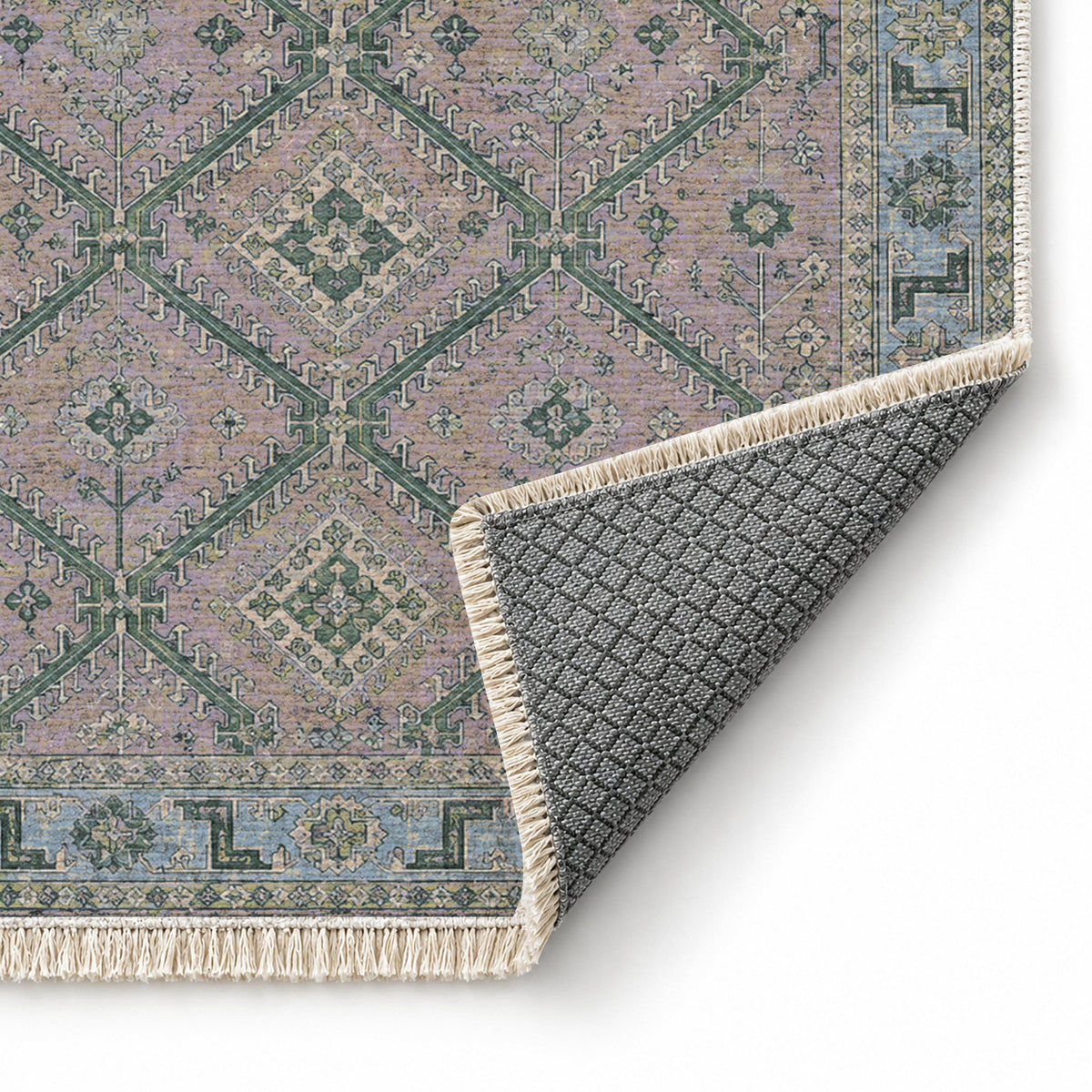 Diamond Rampart Mineral Blue washable rug folded corner showing the backing
