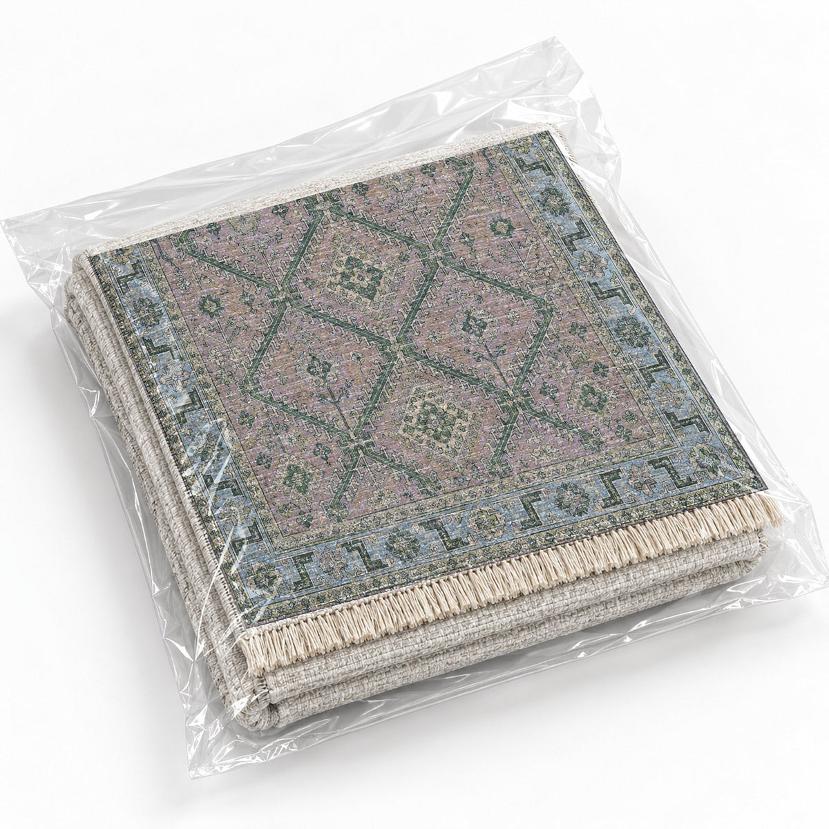 Diamond Rampart Mineral Blue washable rug rolled and packaged